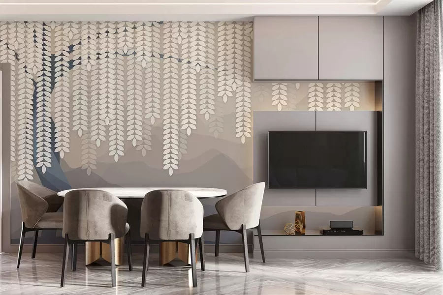 Papier peint photo Saule stylisé aux feuilles pendantes sur fond de montagnes minimalistes dans des tons beige et bleu-vert. w05232