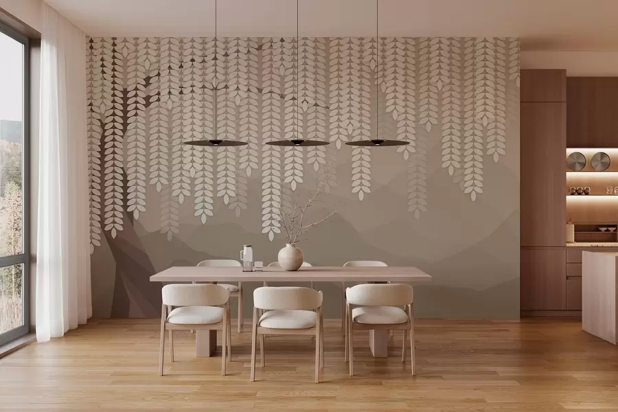 Fotobehang Gestileerde wilg met hangende bladeren tegen een achtergrond van minimalistische bergen in koffietinten. w05232v2