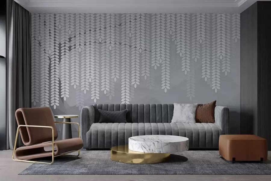 Fotobehang Gestileerde wilg met hangende bladeren tegen een achtergrond van minimalistische bergen in grijstinten. w05232v3