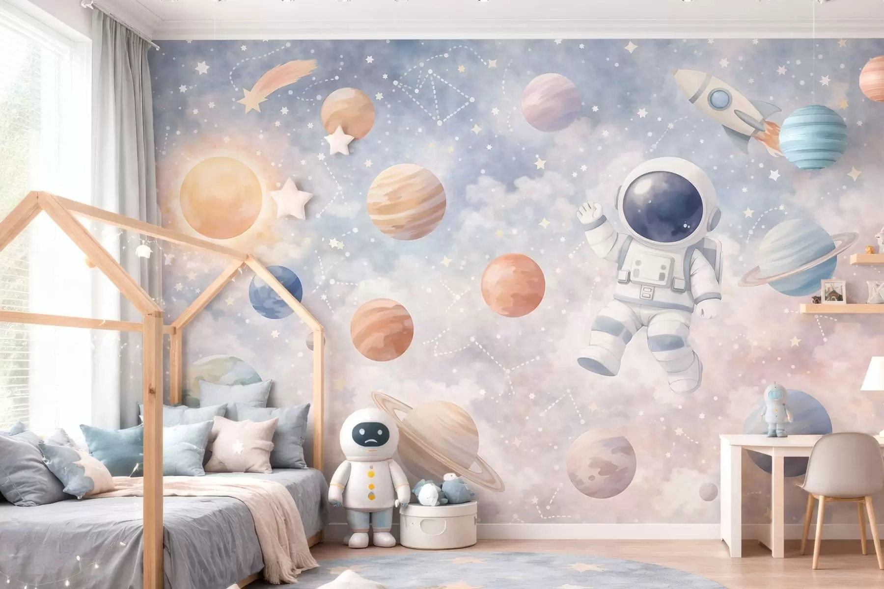 Fotobehang een kleine astronaut tussen planeten en sterren w05233