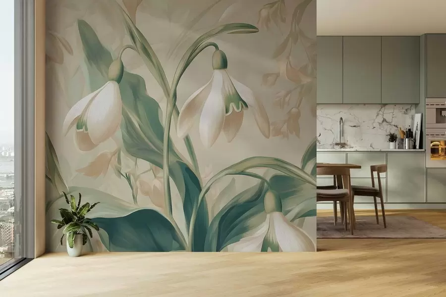 Papier peint photo perce-neige en fleurs sur fond beige w05234