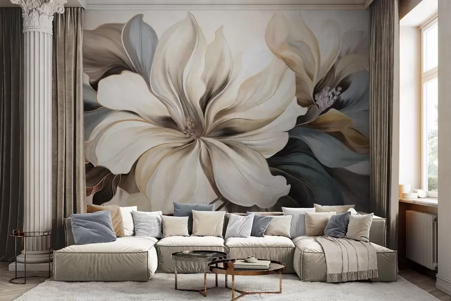 Fotobehang Grote, crèmekleurige magnoliabloemen met bruine en grijze bladeren, zachte verlichting, abstracte achtergrond w09749