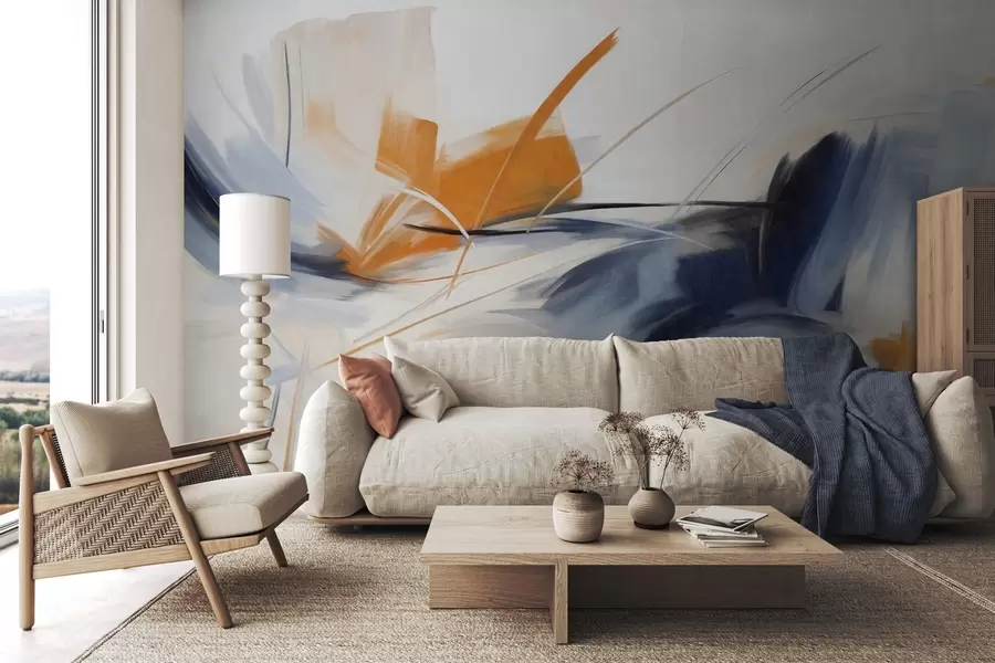 Fotobehang Abstracte schilderstijl met oranje en blauwe penseelstreken met textuur w09755