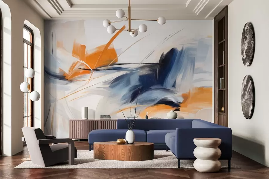 Papier peint photo Style de peinture abstraite avec des coups de pinceau texturés orange et bleus w09755