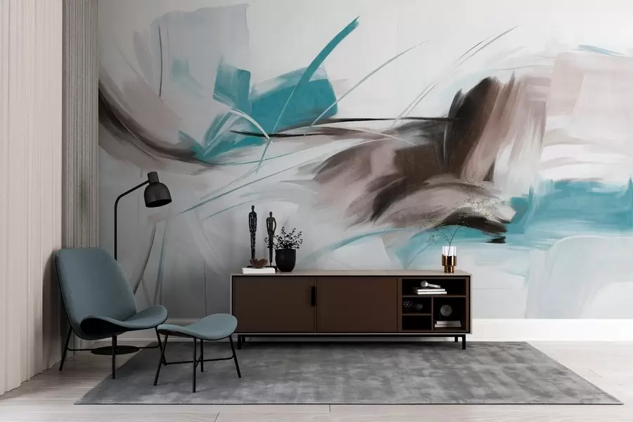 Fotobehang Abstracte schilderstijl met bruine en blauwe penseelstreken met textuur w09755v1