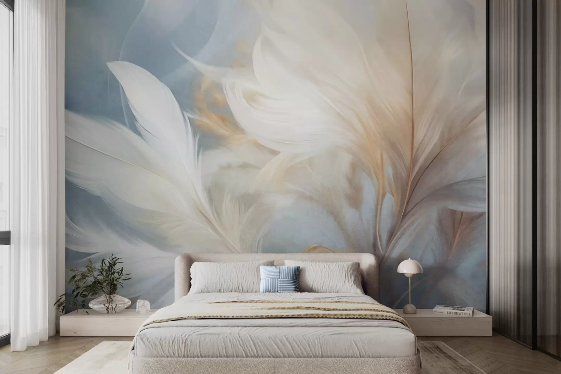 Fotobehang Zachte, witte veren met textuur en wazig pampagras met blauwe en witte achtergrond w09758