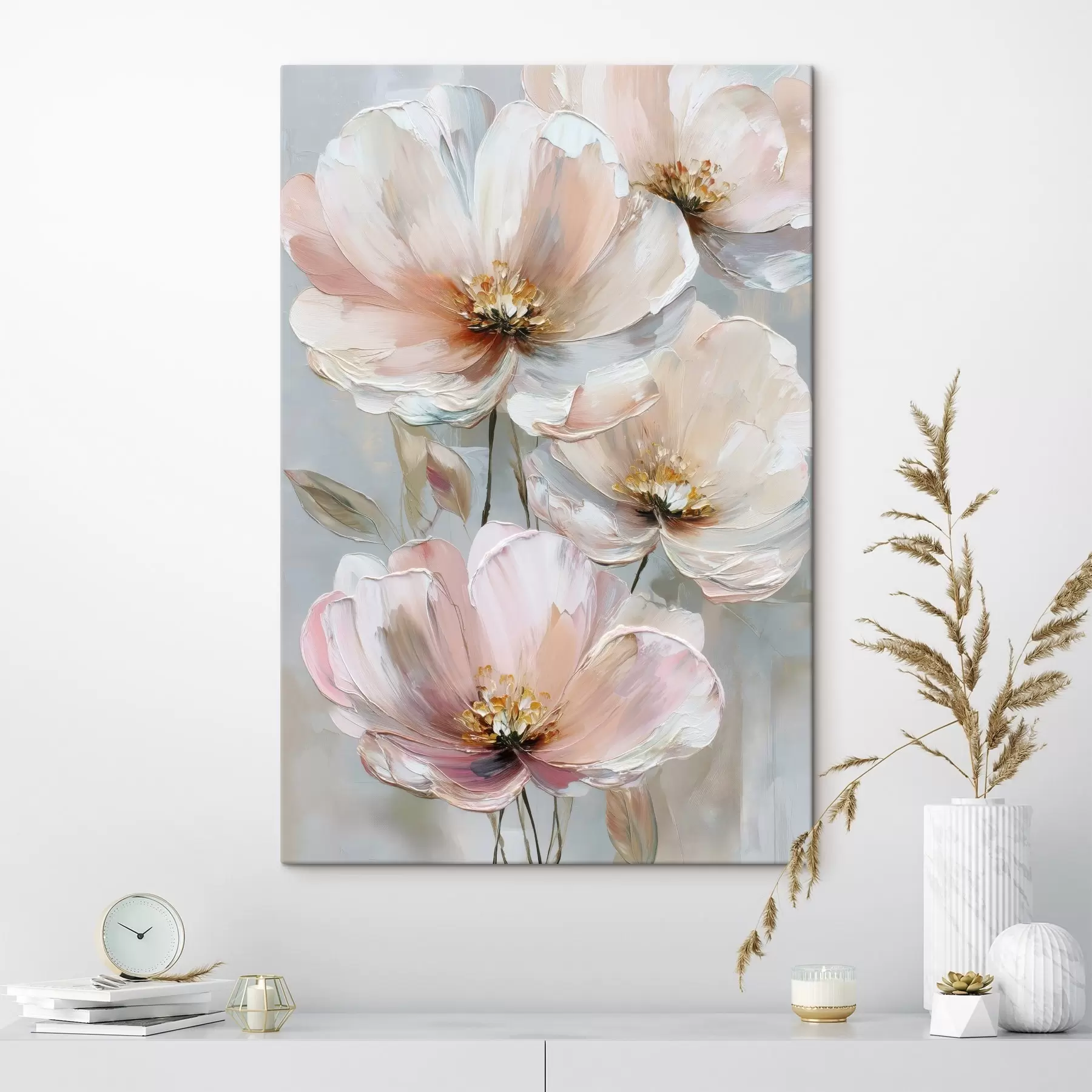  Peintures Fleurs blanc-rose avec des coups de pinceau expressifs dans un style peinture à l'huile s47962