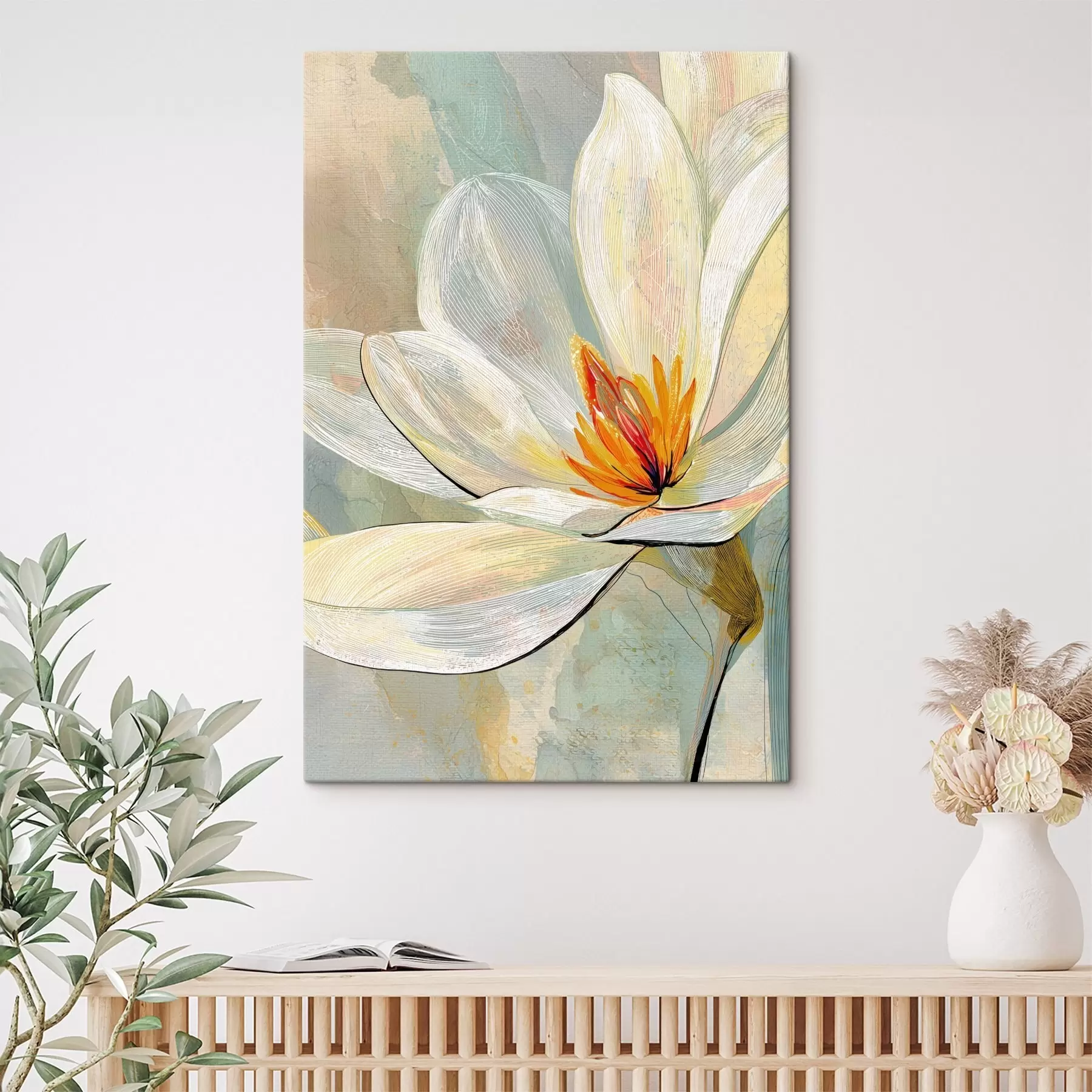  Schilderijen Abstracte magnolia's in een pastelkleurenpalet met nadruk op lineaire grafische elementen s47970