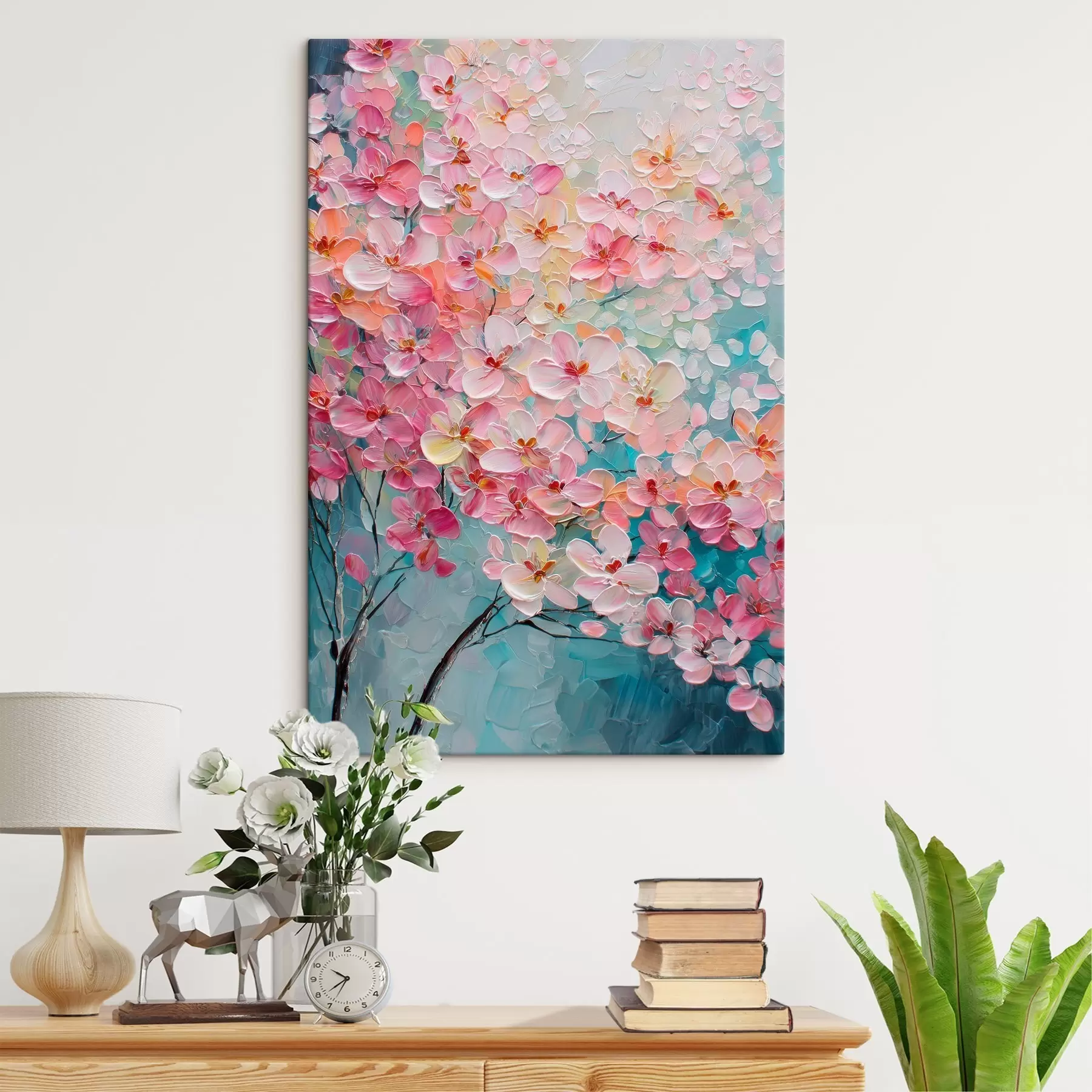  Peintures Branche avec des fleurs roses sur fond bleu dans un style peinture à l'huile s47987