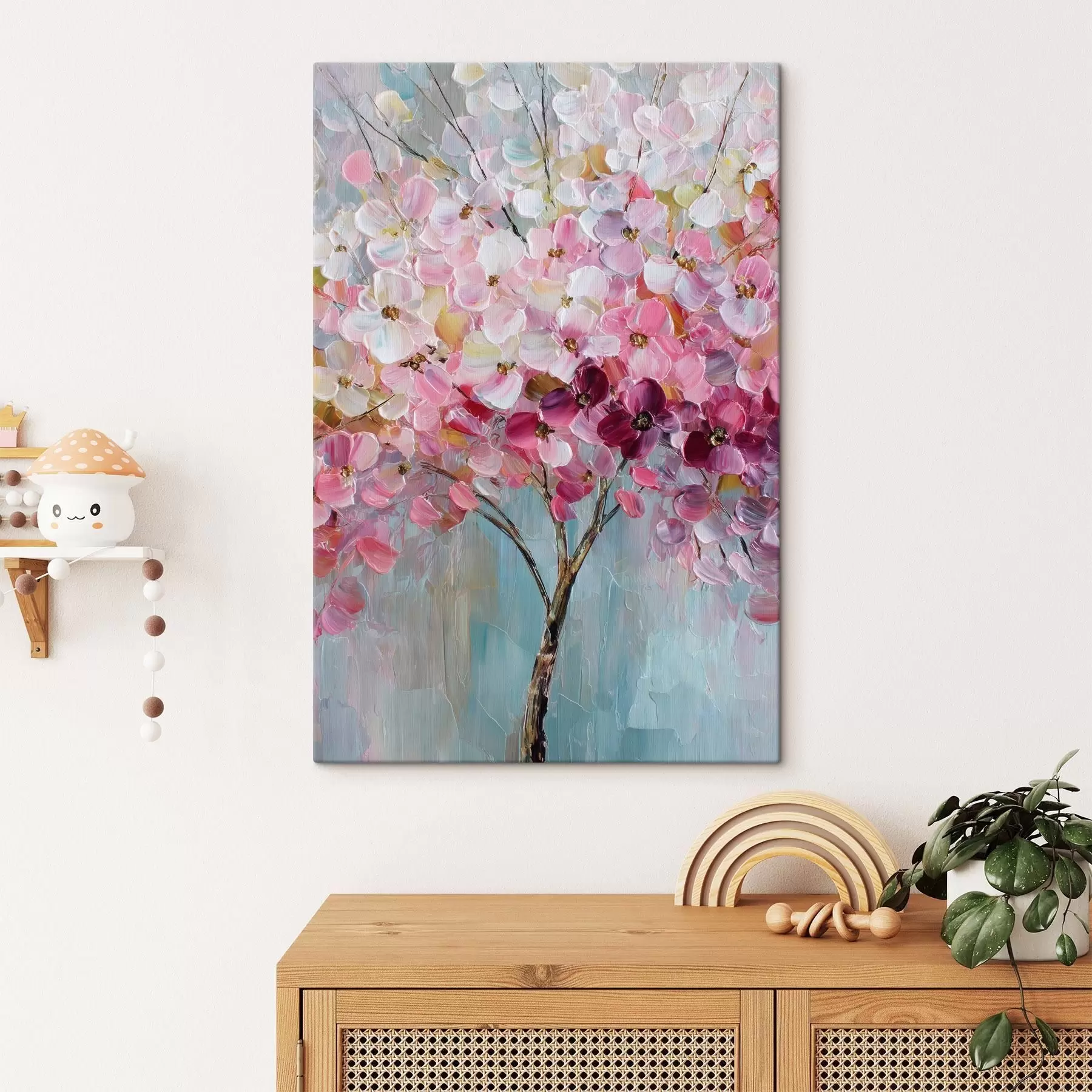  Peintures De délicates fleurs roses se détachent sur un ciel clair. s47988