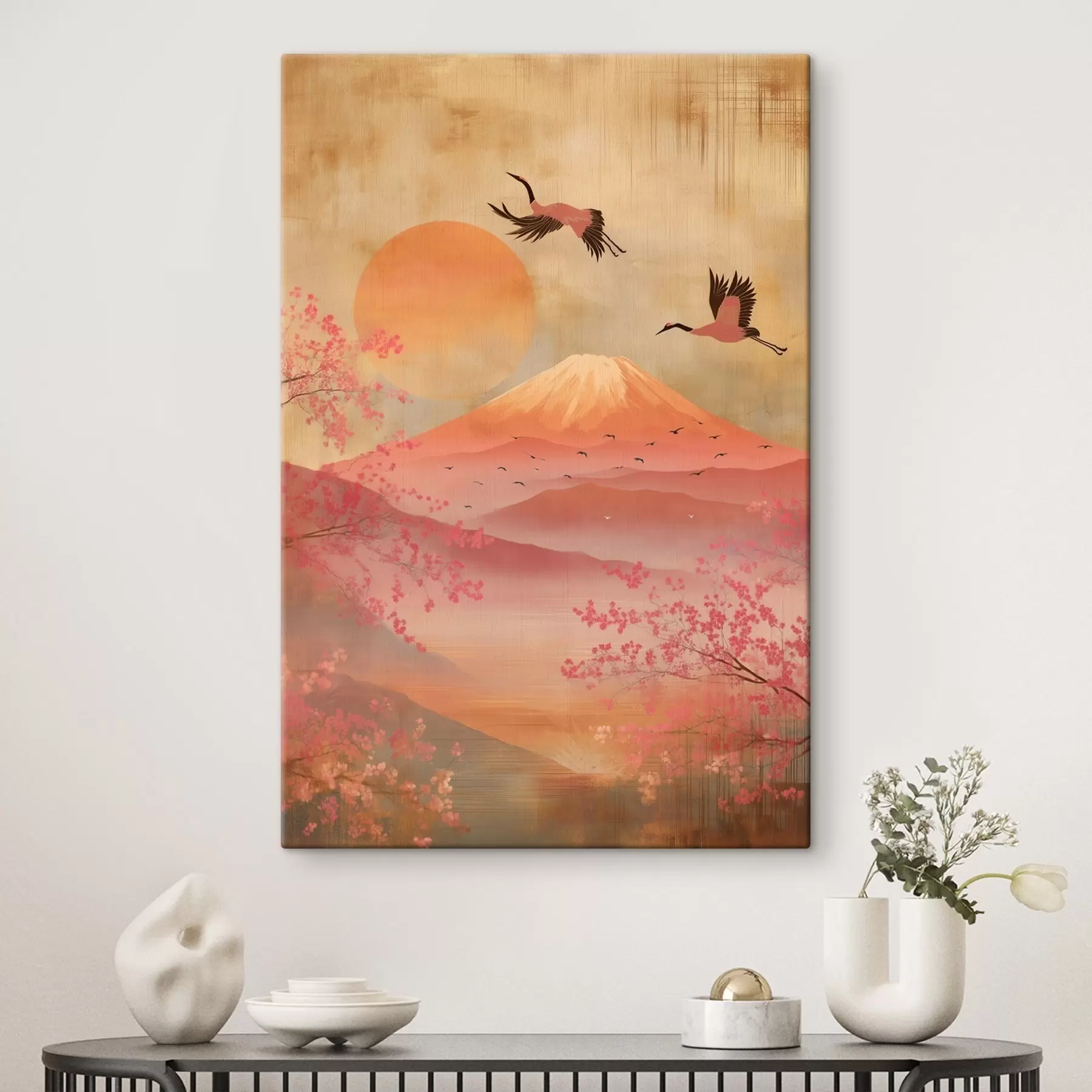  Peintures Grues contre le soleil et les montagnes : illustration dans un style artistique numérique s47992