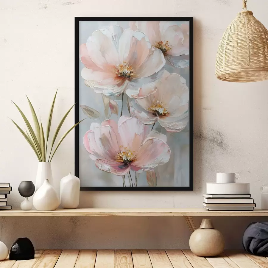 Fotobehang Witroze bloemen met expressieve penseelstreken in een olieverfstijl f47962