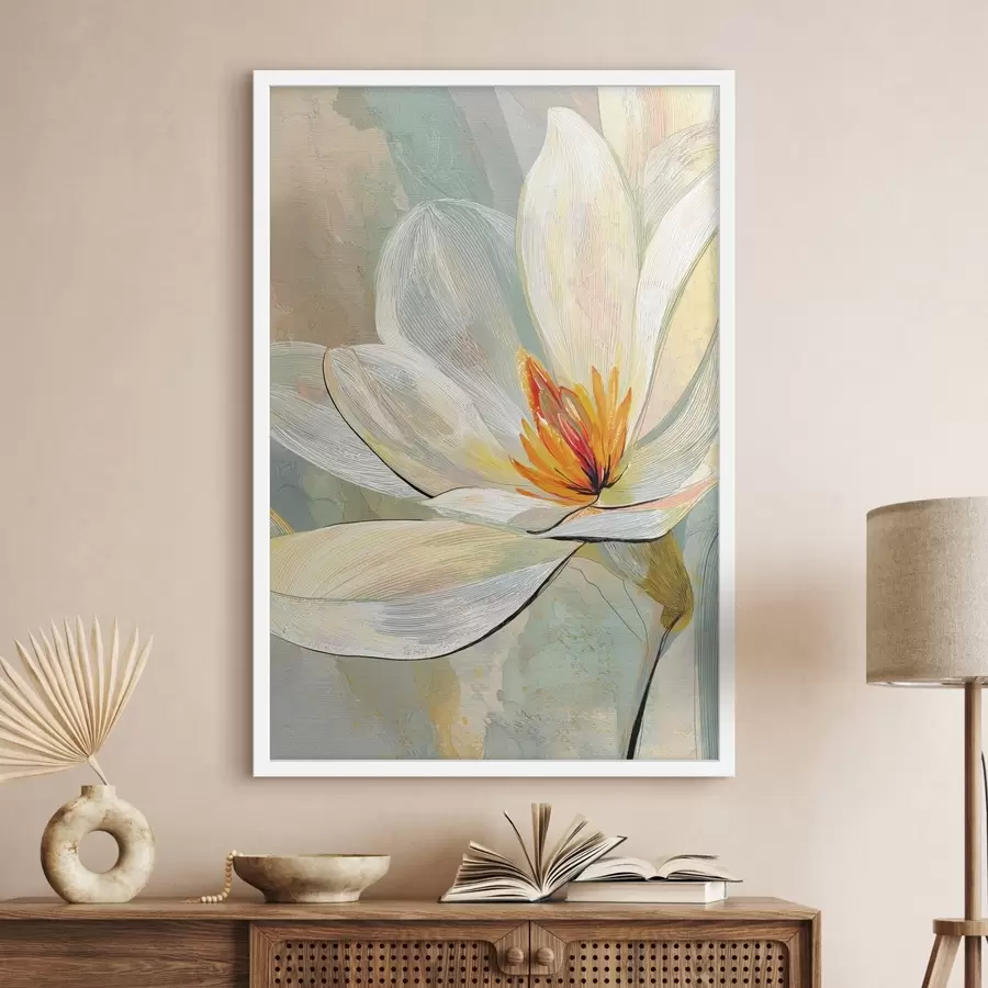 Fotobehang Abstracte magnolia's in een pastelkleurenpalet met nadruk op lineaire grafische elementen f47970