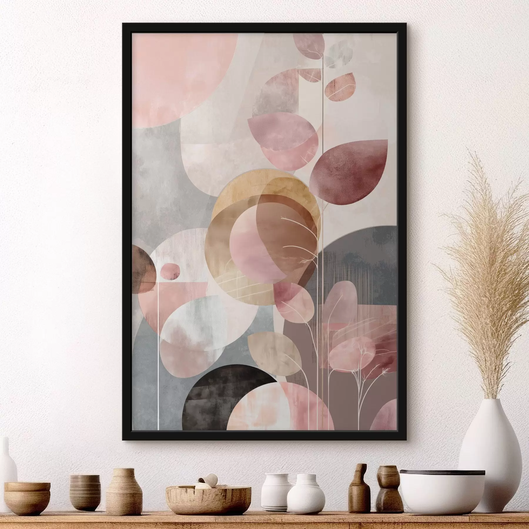 Fotobehang Bloemenkunst in beige-roze tinten in minimalistische stijl f47976