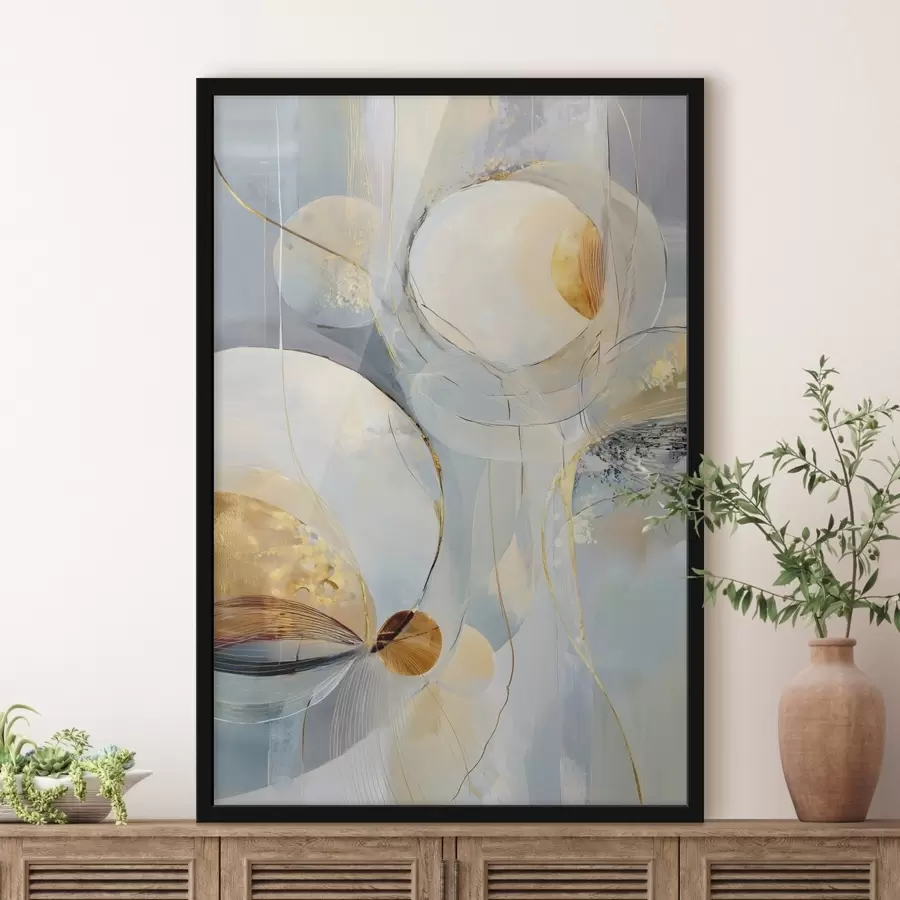 Fotobehang Gelaagde artistieke kunstwerken in een koel kleurenpalet f47982