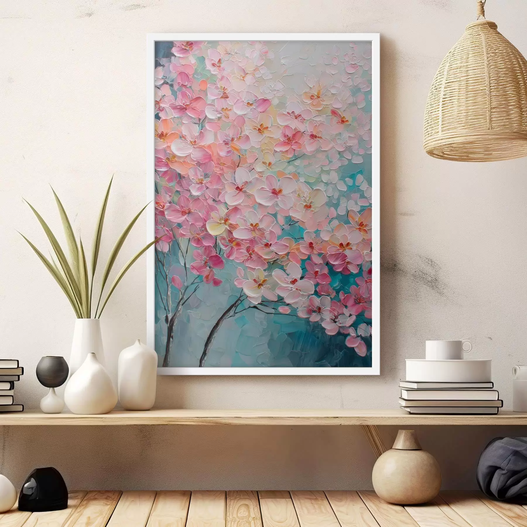 Papier peint photo Branche avec des fleurs roses sur fond bleu dans un style peinture à l'huile f47987