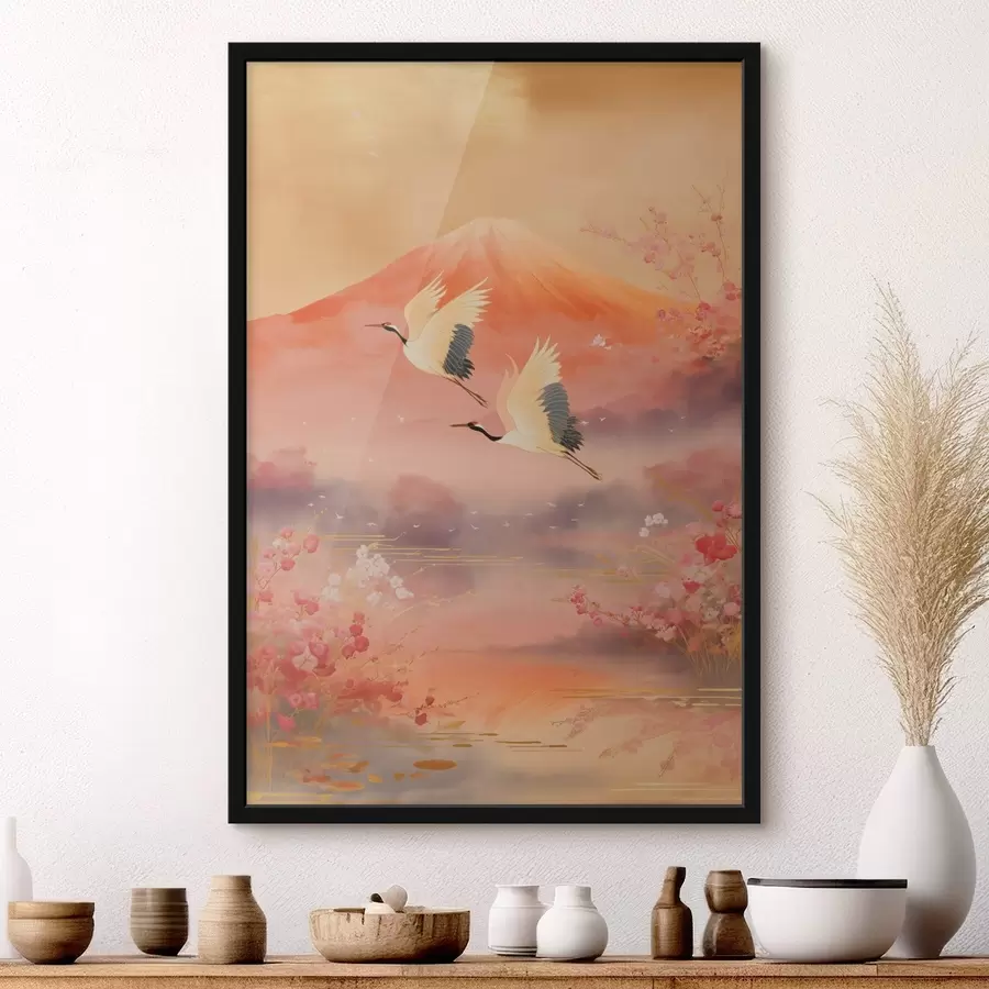 Fotobehang Traditioneel oosters motief met kersenbloesems en kraanvogels f47991