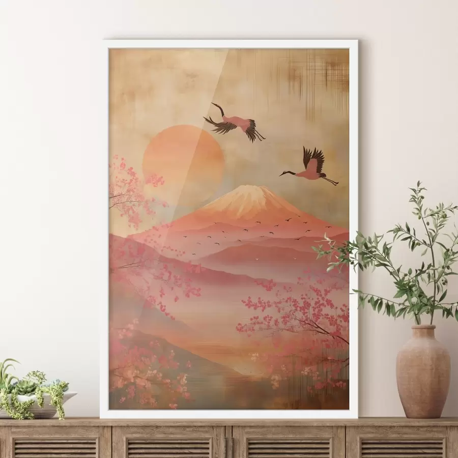 Papier peint photo Grues contre le soleil et les montagnes : illustration dans un style artistique numérique f47992