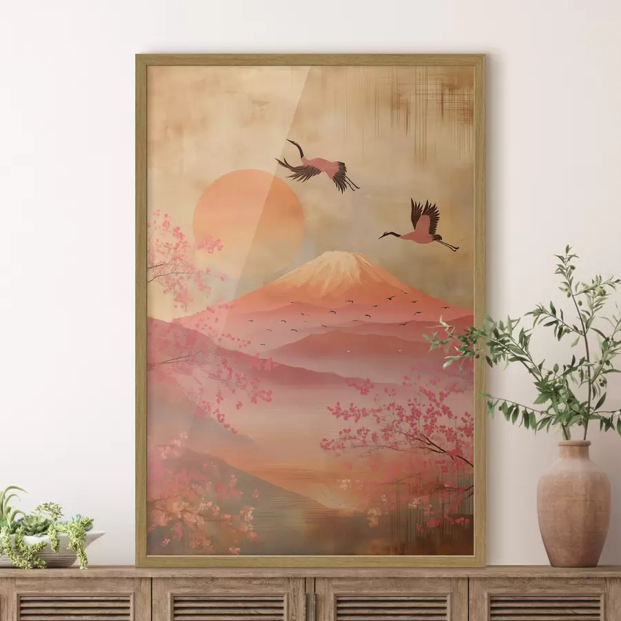 Papier peint photo Grues contre le soleil et les montagnes : illustration dans un style artistique numérique f47992