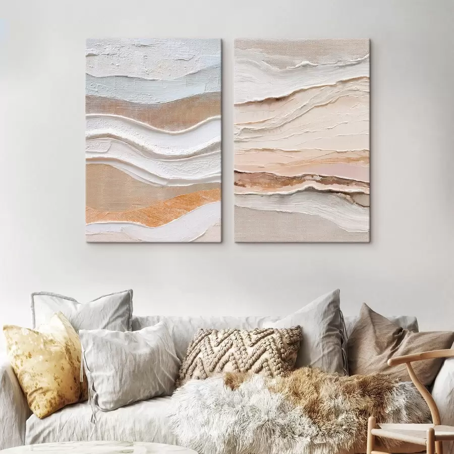  Peintures Diptyque minimaliste avec des vagues texturées sur fond de lin m30031