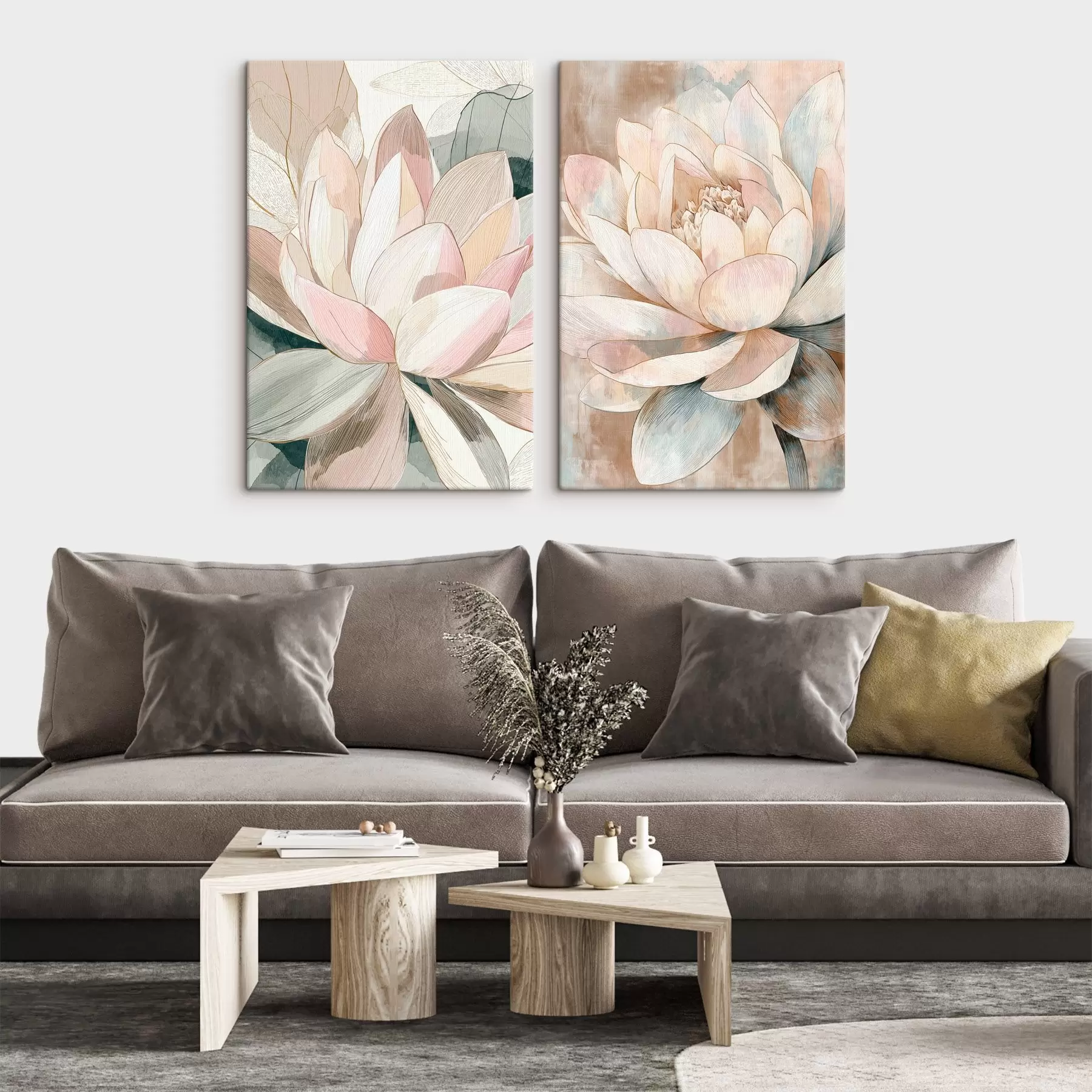  Schilderijen Bloemstuk met grote lotusbloemen in een pastel-koraalkleurig palet m30034