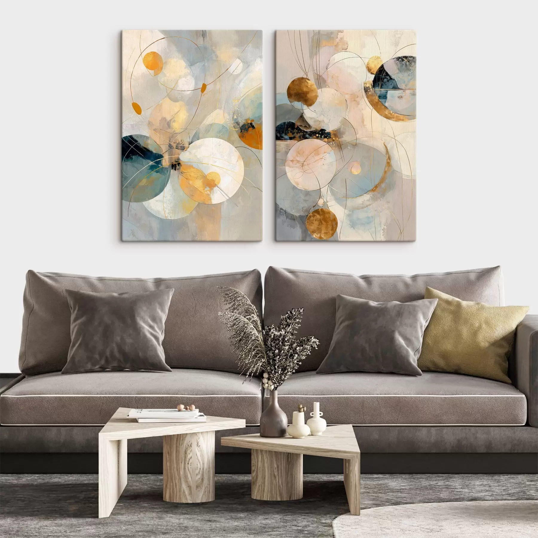  Schilderijen Decoratieve kunst in blauw-crèmekleurige tinten met een zacht lichteffect m30039