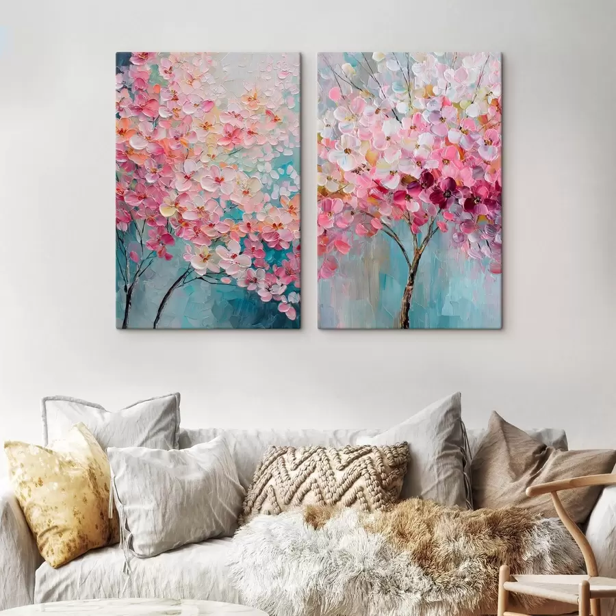 Fotobehang Bloeiende boom met roze bloesems in olieverfstijl m30040