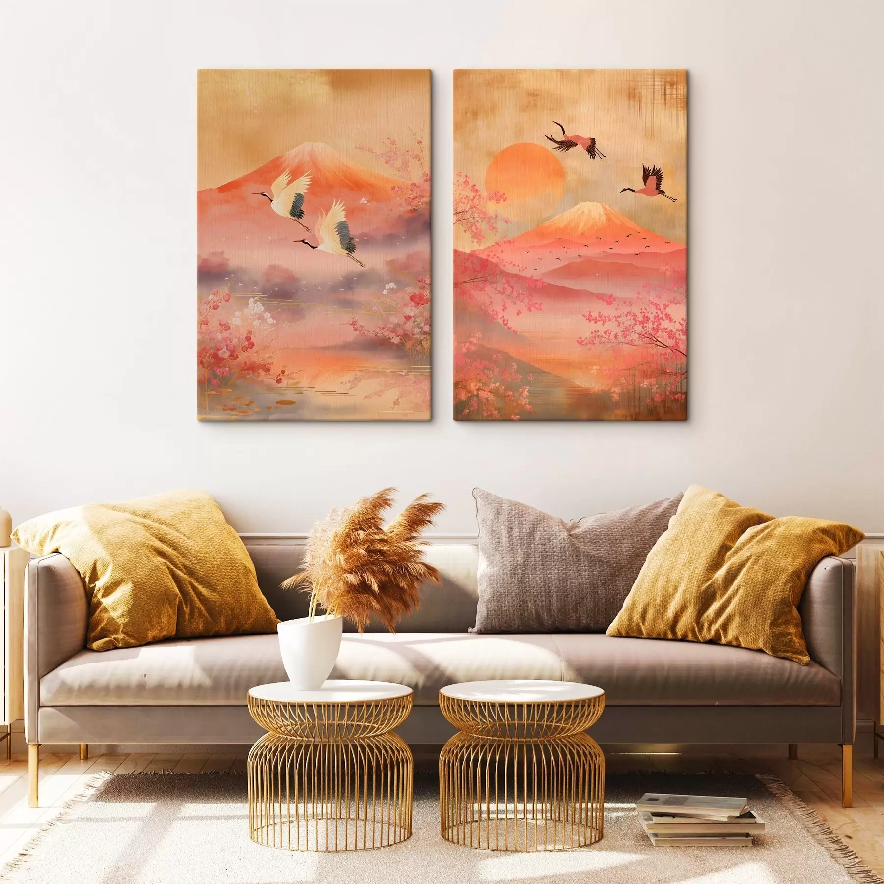  Peintures Paysage japonais avec des grues et le mont Fuji dans un style d'illustration classique m30042