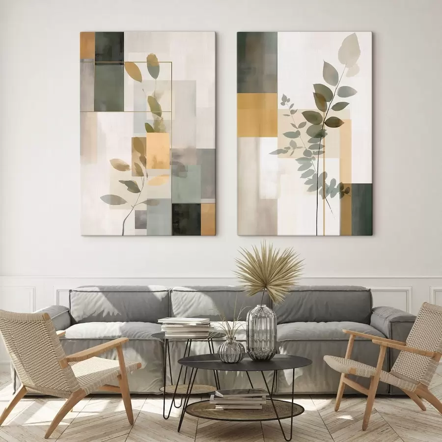  Peintures Abstraction géométrique avec des branches de feuilles m30128