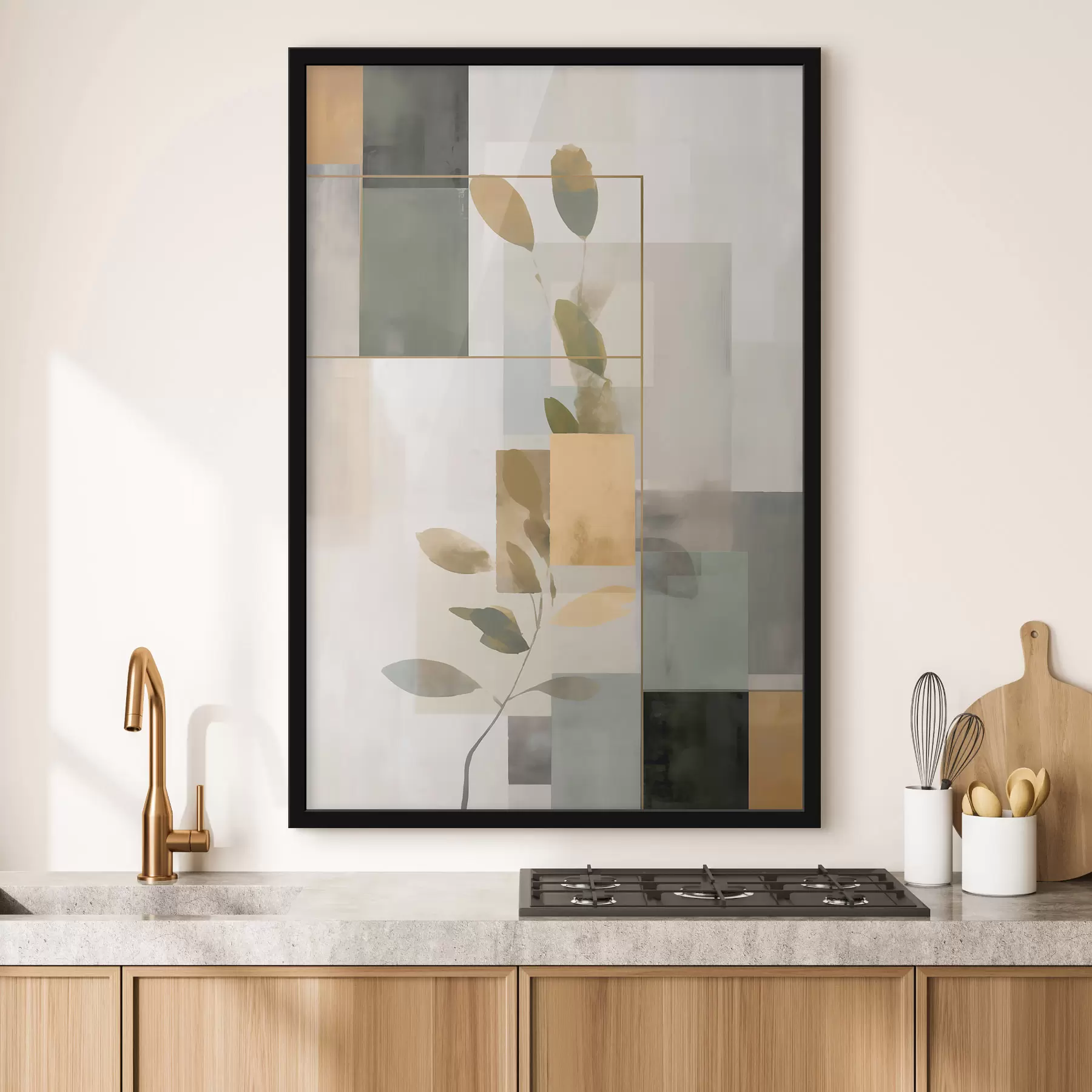 Fotobehang Geometrische abstractie met takken en bladeren f48020