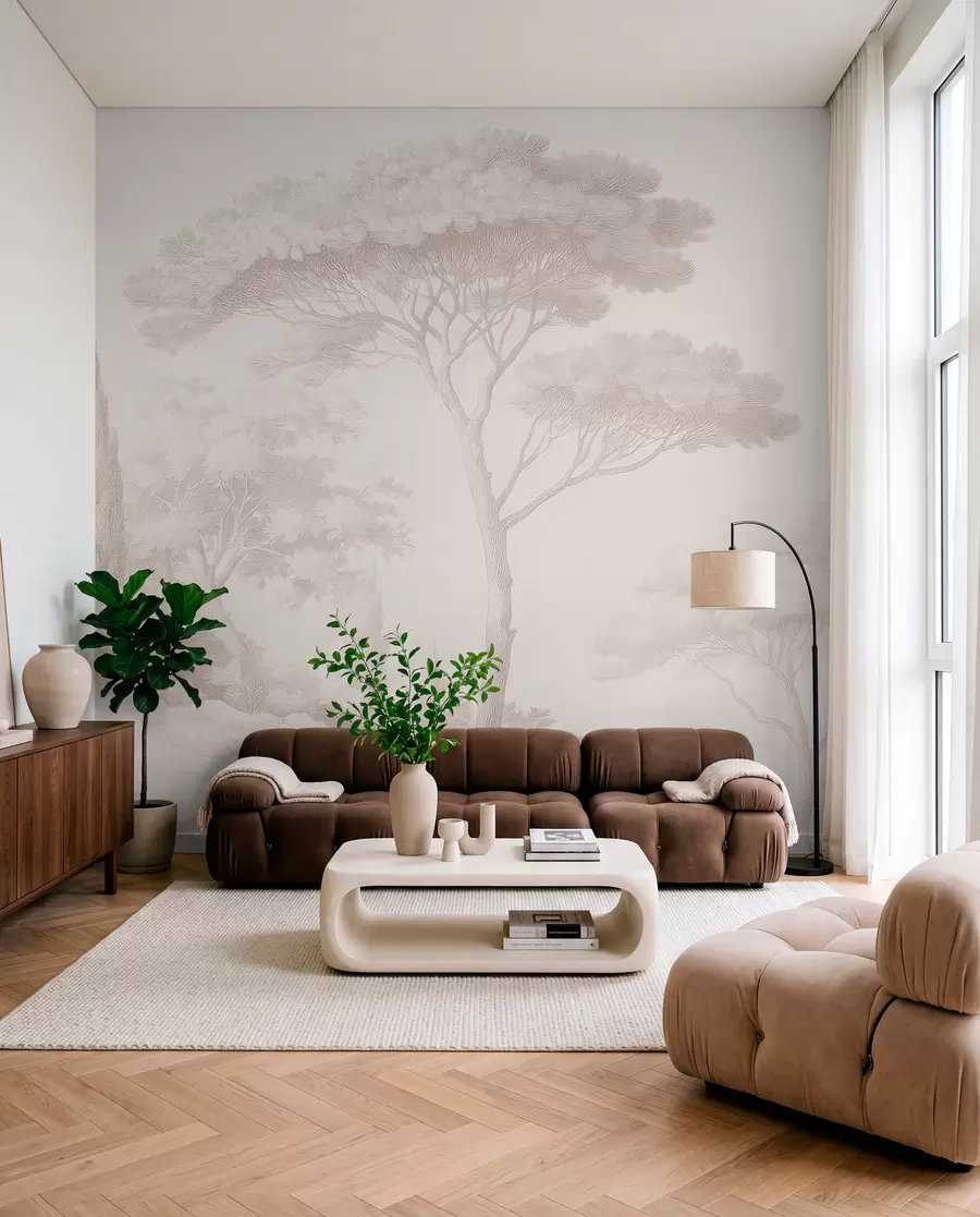Fotobehang Rustig boslandschap in een beige kleurenpalet w09685