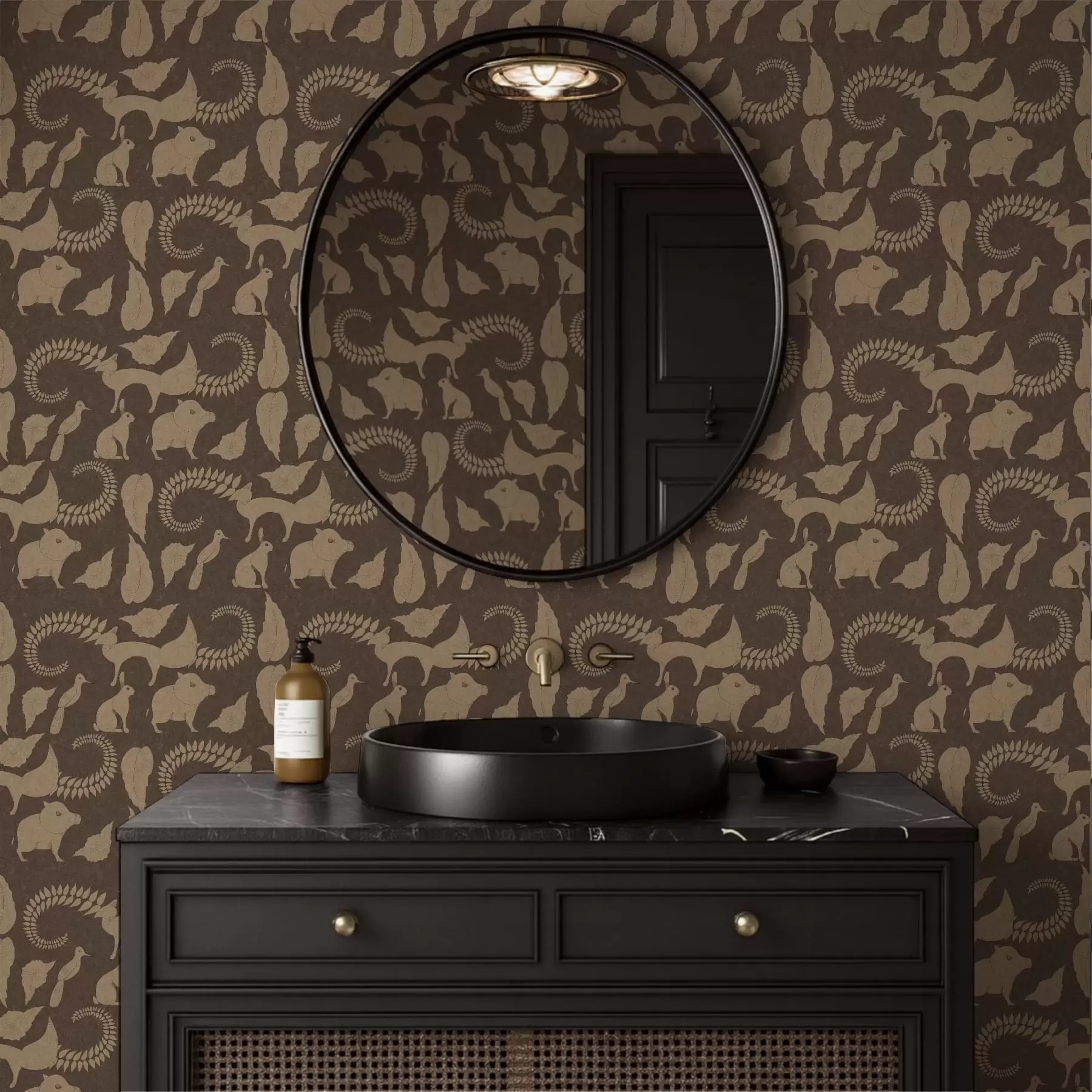 Fotobehang Bospatroon met dieren op bruine achtergrond a01121