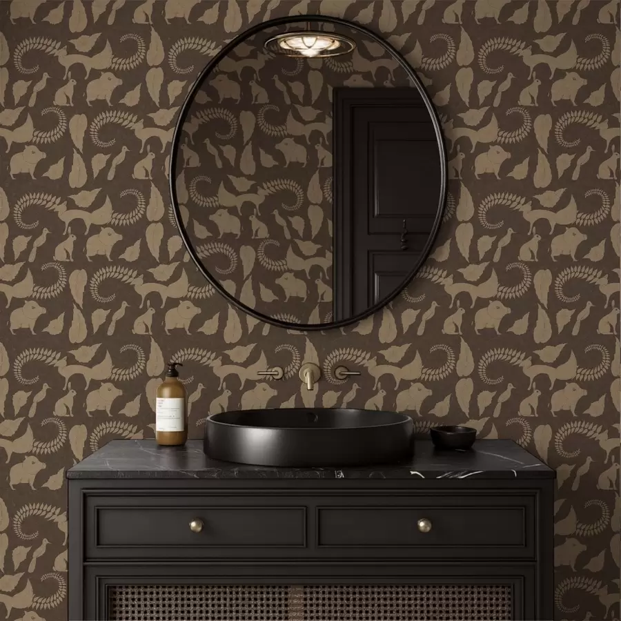 Papier peint photo Motif forestier avec des animaux sur fond marron a01121