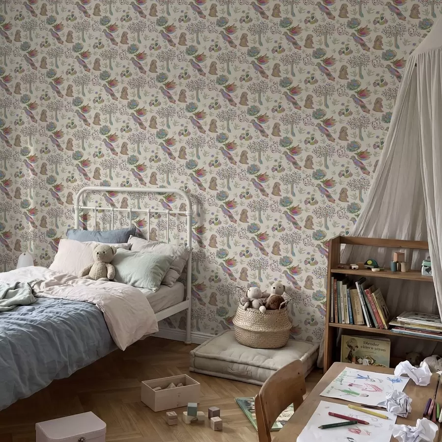 Papier peint photo Motif coloré pour enfants avec des oiseaux et des lapins a01127