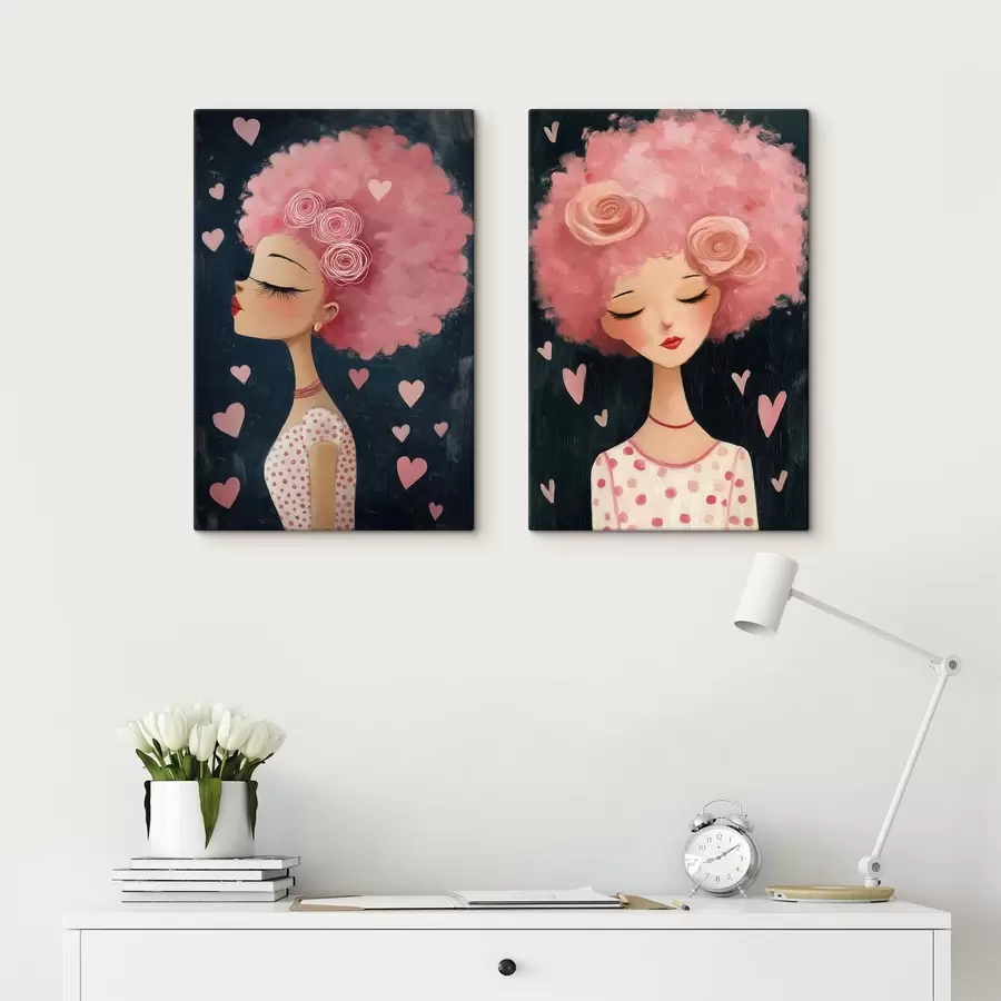  Peintures Fille aux cheveux roses et aux cœurs m30156