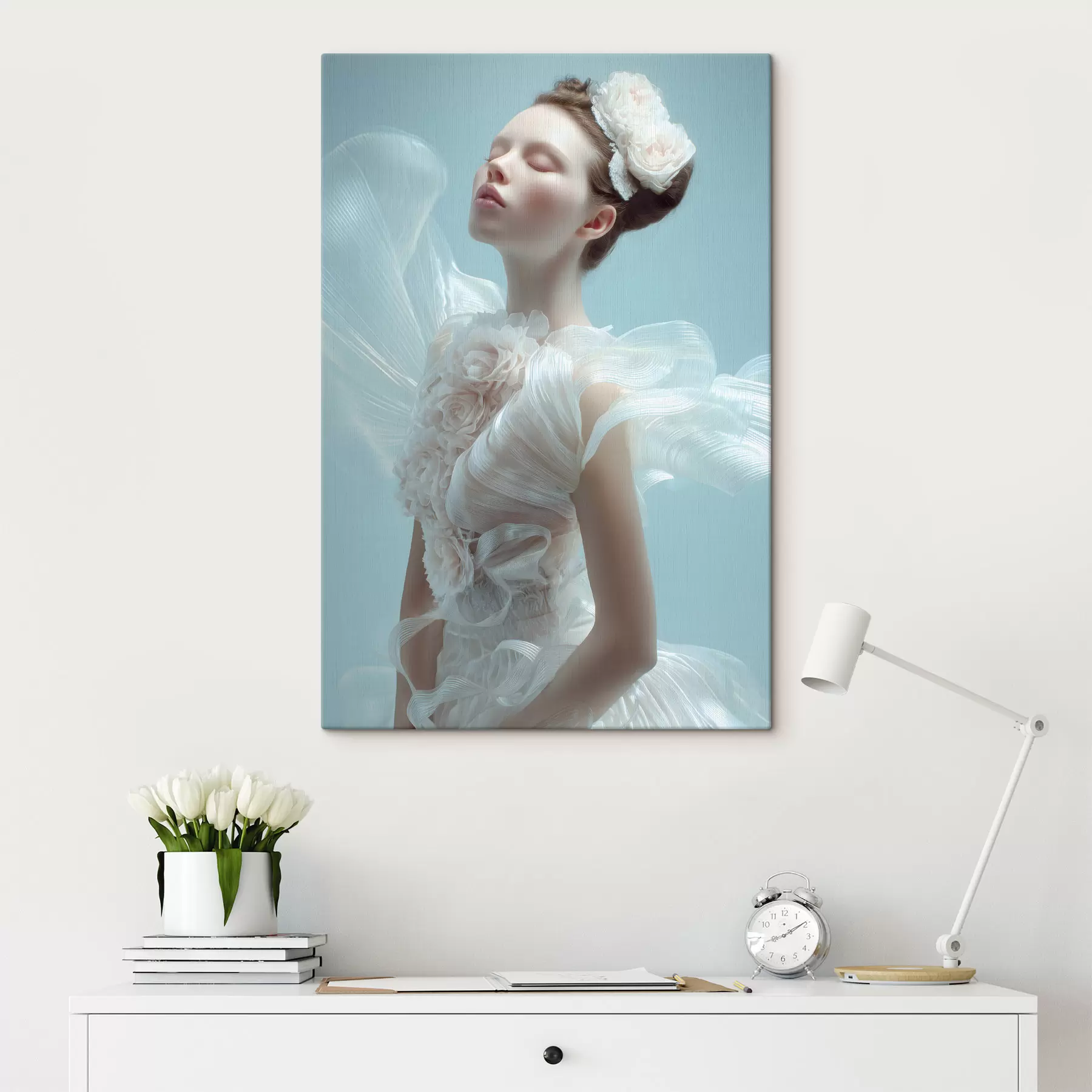  Peintures une jeune fille délicate vêtue d'une robe blanche s48287