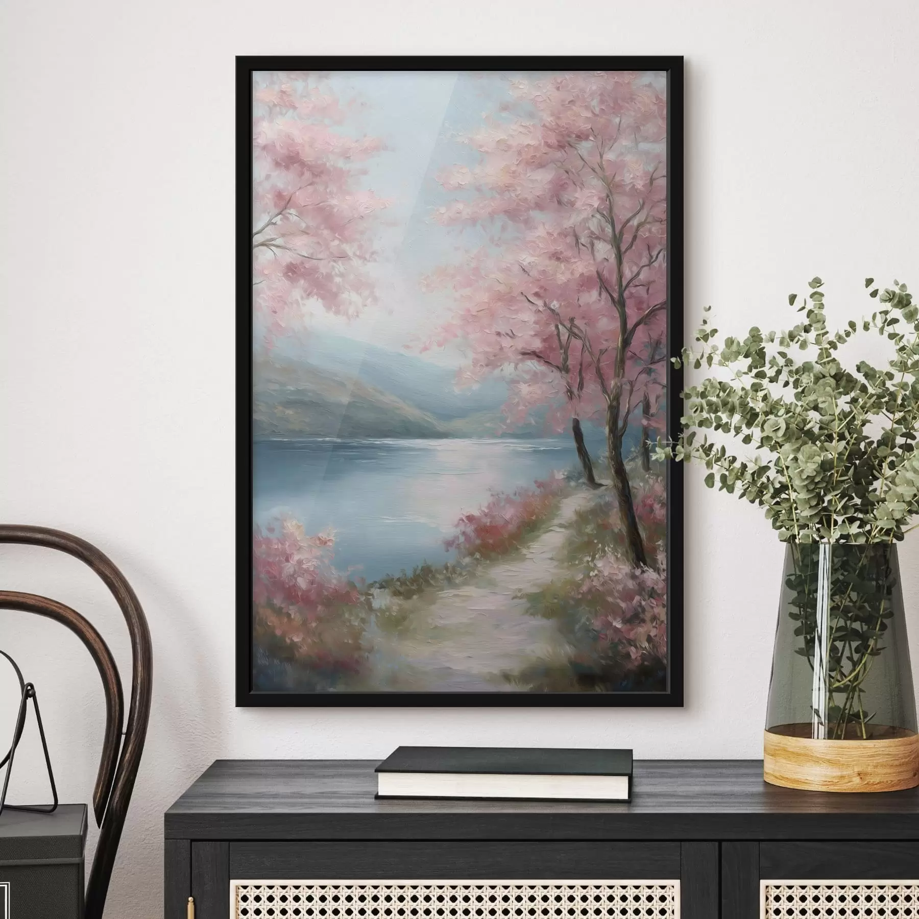 Fotobehang landschap met roze bomen in olieverfstijl f48289
