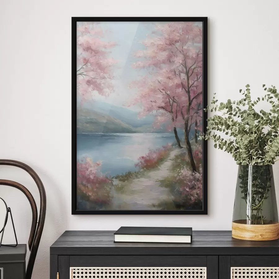 Papier peint photo paysage avec des arbres roses dans un style huile f48289