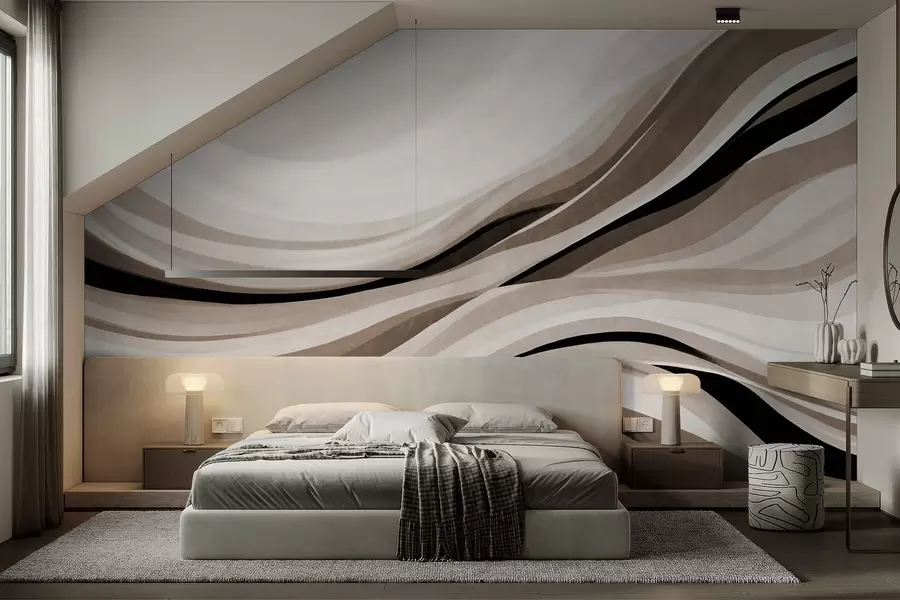 Fotobehang Abstracte golvende lijnen in beige en zwarte tinten tegen een lichte achtergrond, kunst met textuur w09748