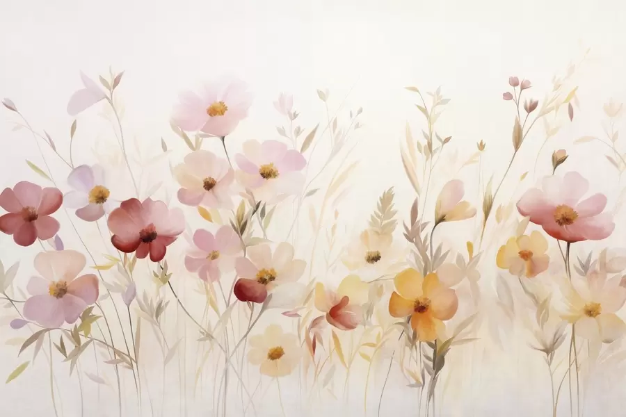 Fotobehang Abstract veld met wilde bloemen in pasteltinten, aquarelstijl w09757