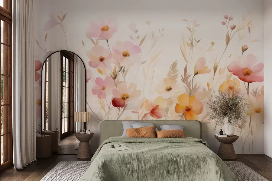 Fotobehang Abstract veld met wilde bloemen in pasteltinten, aquarelstijl w09757