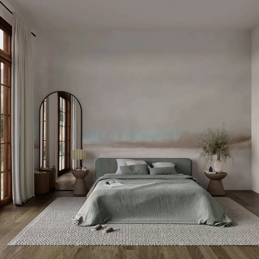 Fotobehang Mistig landschap met meer en bos w05319