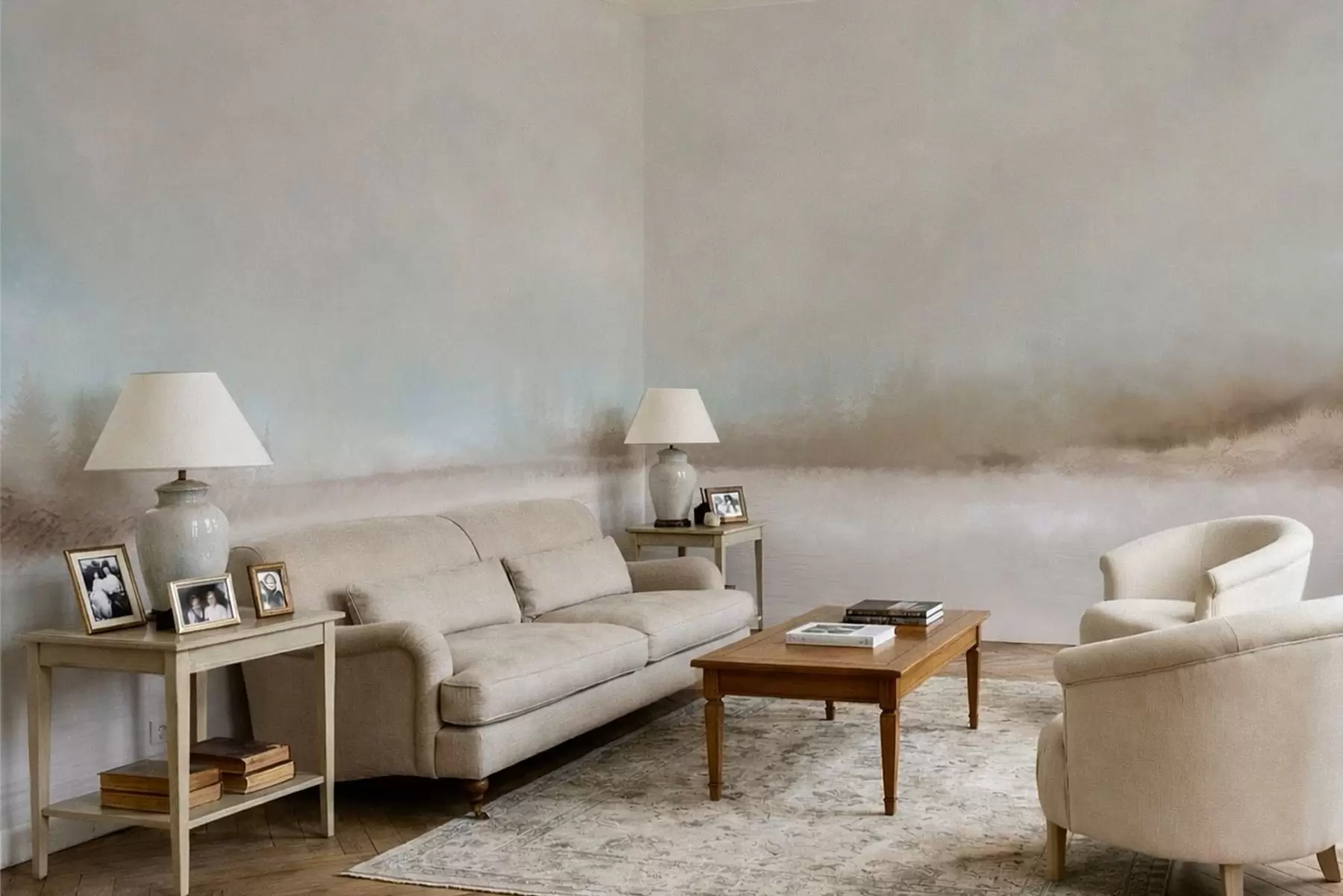 Papier peint photo Paysage brumeux avec lac et forêt w05319