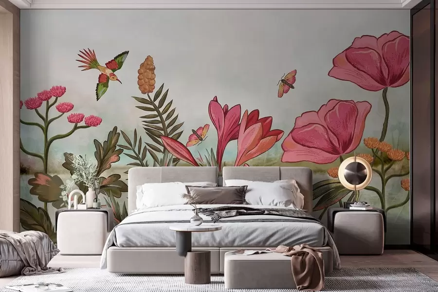 Papier peint photo Fleurs lumineuses avec oiseaux et papillons w05321