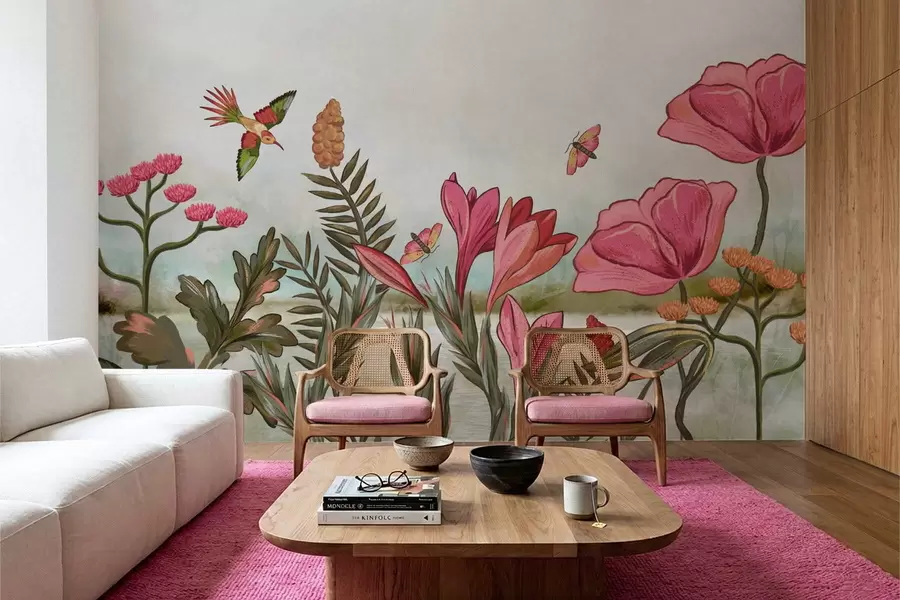 Papier peint photo Fleurs lumineuses avec oiseaux et papillons w05321