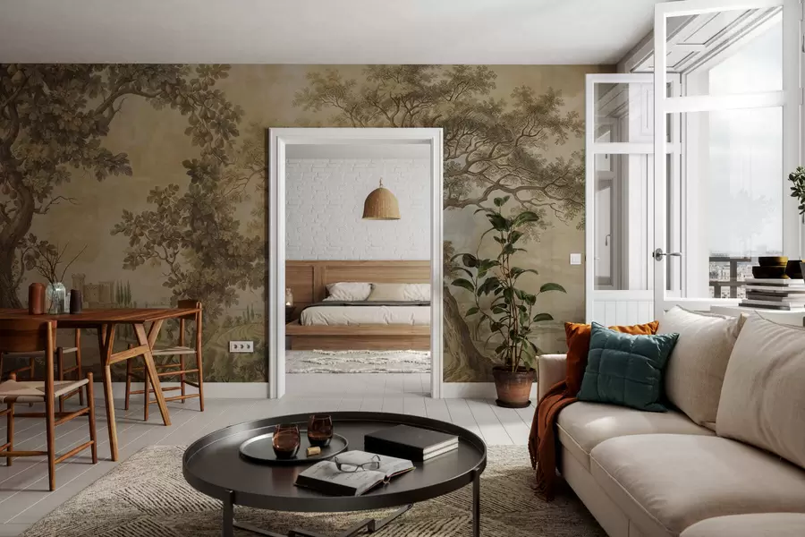 Fotobehang Pastorale landschap in geborduurde stijl w05359