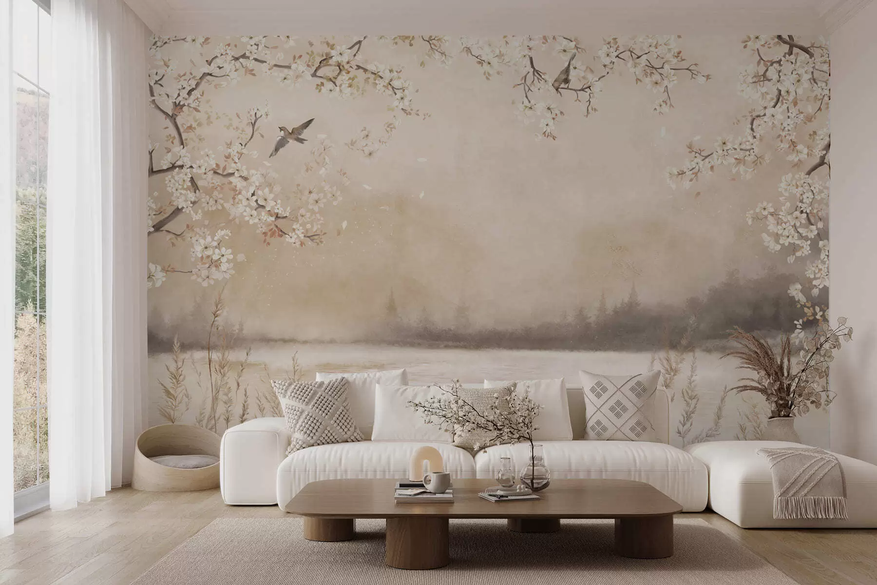 Fotobehang Delicate bloeiende takken aan het meer met vogels in lichte mist w05155