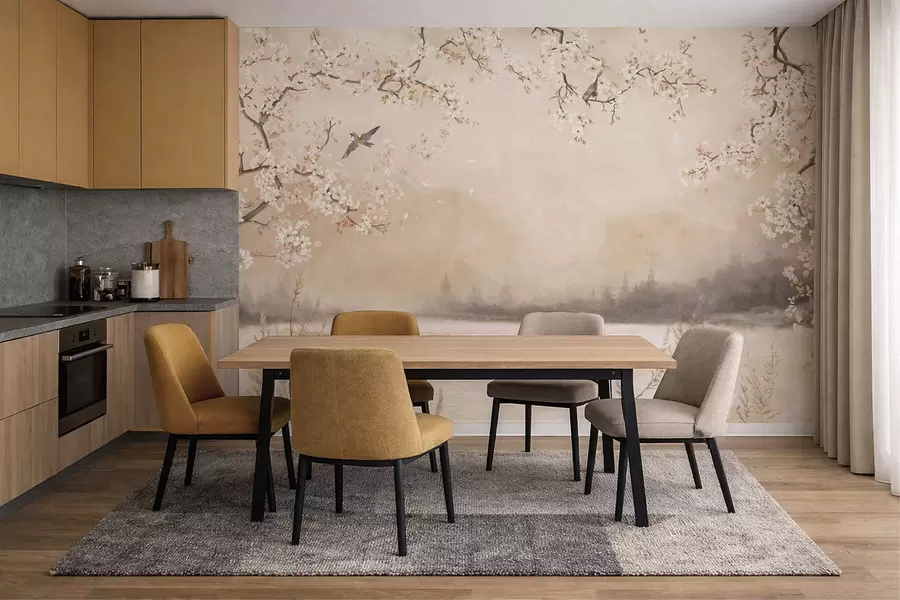 Papier peint photo Branches délicatement fleuries au bord d'un lac avec des oiseaux dans une légère brume w05155