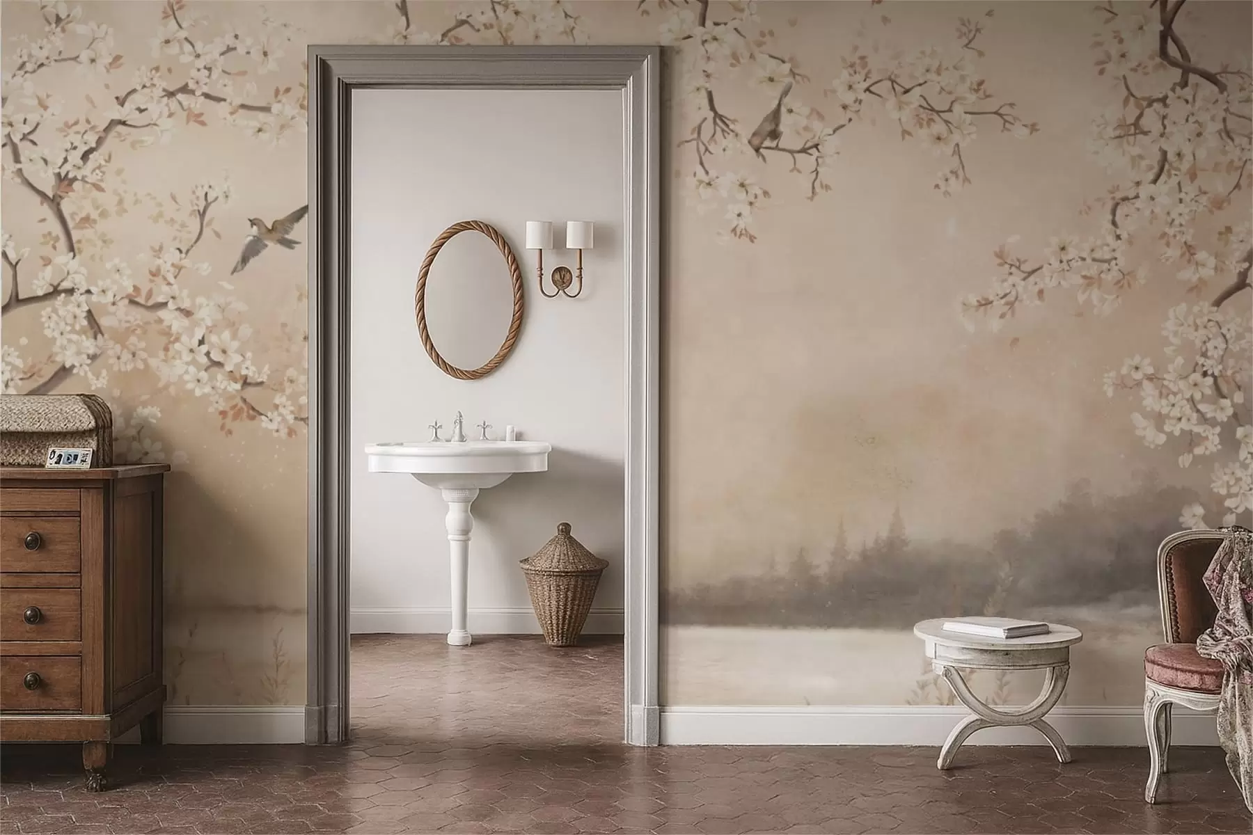 Fotobehang Delicate bloeiende takken aan het meer met vogels in lichte mist w05155