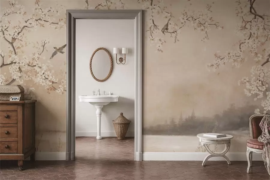 Papier peint photo Branches délicatement fleuries au bord d'un lac avec des oiseaux dans une légère brume w05155